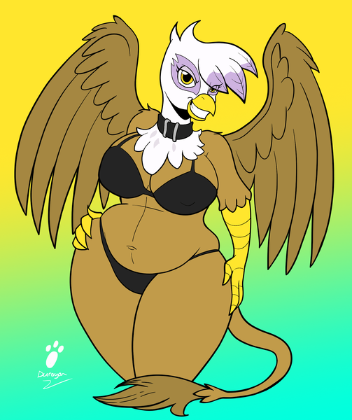 Size: 1676x1999 | Tagged: suggestive, artist:duragan, derpibooru import, gilda, anthro, gryphon, bedroom eyes, belly button, black bikini, breasts, busty gilda, choker, chonk, chubby, extra thicc, fat, flirting, gildough, gradient background, hand on hip, image, legs together, png, pudgy, slightly chubby, smiling, solo, talking to viewer, thick, thighs, thunder thighs