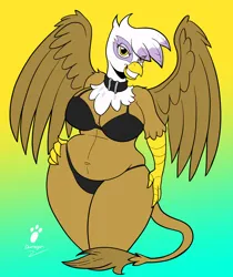 Size: 1676x1999 | Tagged: suggestive, artist:duragan, derpibooru import, gilda, anthro, gryphon, bedroom eyes, belly button, black bikini, breasts, busty gilda, choker, chonk, chubby, extra thicc, fat, flirting, gildough, gradient background, hand on hip, image, legs together, png, pudgy, slightly chubby, smiling, solo, talking to viewer, thick, thighs, thunder thighs
