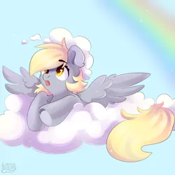 Size: 4000x4000 | Tagged: safe, artist:lazybread, derpibooru import, derpy hooves, pegasus, pony, absurd resolution, cloud, cute, derpabetes, eyebrows, eyebrows visible through hair, female, g4, image, mare, on a cloud, open mouth, png, rainbow, signature, sky, solo, sparkles, spread wings, underhoof, wings