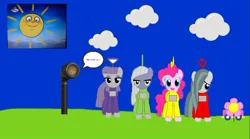 Size: 1080x599 | Tagged: safe, derpibooru import, edit, limestone pie, marble pie, maud pie, pinkie pie, earth pony, pony, car, clothes, cosplay, costume, flower, image, jpeg, teletubbies, toy, toy car, voice trumpet
