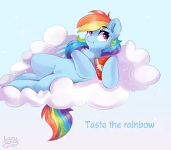 Size: 4000x3500 | Tagged: safe, artist:lazybread, derpibooru import, rainbow dash, pegasus, pony, candy, chest fluff, cloud, cute, dashabetes, ear fluff, eating, eyebrows, eyebrows visible through hair, female, food, g4, high res, image, lying down, mare, on a cloud, on back, png, signature, skittles, sky, solo, sparkles