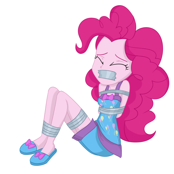 Size: 2000x2000 | Tagged: safe, artist:splendidbondage, derpibooru import, pinkie pie, equestria girls, bondage, bound and gagged, damsel in distress, female, femsub, gag, image, kidnapped, pinkiesub, png, solo, solo female, submissive, tape, tape gag, tied up