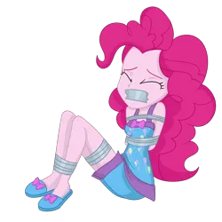 Size: 2000x2000 | Tagged: safe, artist:splendidbondage, derpibooru import, pinkie pie, equestria girls, bondage, bound and gagged, damsel in distress, female, femsub, gag, image, kidnapped, pinkiesub, png, solo, solo female, submissive, tape, tape gag, tied up