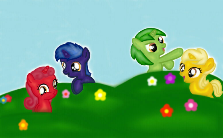 Size: 776x480 | Tagged: safe, artist:princessdaisyoficial, derpibooru import, ponified, pony, unicorn, colt, derp, dipsy, excited, female, filly, flower, foal, g4, group, happy, image, jpeg, laa-laa, male, open mouth, open smile, po, quartet, smiling, teletubbies, teletubbyland, tinky winky