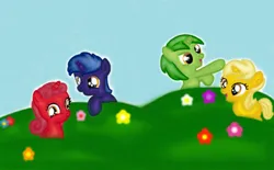 Size: 776x480 | Tagged: safe, artist:princessdaisyoficial, derpibooru import, ponified, pony, unicorn, colt, derp, dipsy, excited, female, filly, flower, foal, g4, group, happy, image, jpeg, laa-laa, male, open mouth, open smile, po, quartet, smiling, teletubbies, teletubbyland, tinky winky