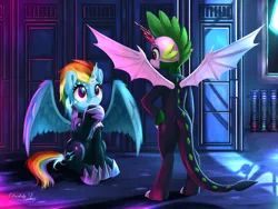 Size: 2400x1800 | Tagged: safe, artist:darksly, derpibooru import, rainbow dash, spike, dragon, pegasus, pony, comic:the storm kingdom, bodyguard spike, bodysuit, clothes, commander rainbow dash, crystal of light, duo, fake horn, female, image, jpeg, latex, latex suit, male, ship:rainbowspike, shipping, storm king's emblem, straight, winged spike, wings