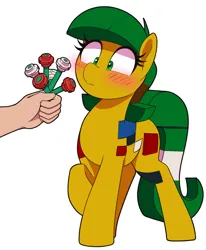 Size: 1120x1360 | Tagged: safe, artist:thebatfang, ponerpics import, oc, oc:blocky bits, earth pony, pony, blushing, female, flower, image, lego, mare, offering, offscreen character, offscreen human, png, raised hoof, simple background, solo focus, white background