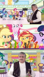 Size: 2048x3555 | Tagged: safe, artist:jrshinkansenhorse, derpibooru import, edit, edited screencap, screencap, applejack, fluttershy, pinkie pie, rainbow dash, rarity, sunset shimmer, twilight sparkle, human, comic:a scotty & equestria girl show, equestria girls, equestria girls series, holidays unwrapped, spoiler:eqg series (season 2), canterlot mall, crossover, dashing through the mall, holodeck, image, irl, irl human, james doohan, montgomery scott, photo, png, present, simulation, star trek, star trek: the next generation, the rainbooms