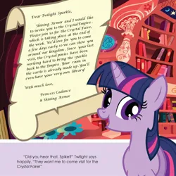 Size: 1280x1280 | Tagged: safe, derpibooru import, official, twilight sparkle, pony, unicorn, book, book page, dialogue, female, golden oaks library, image, jpeg, library, mare, open mouth, open smile, smiling, solo, text, unicorn twilight, welcome to the crystal empire, welcome to the crystal empire!