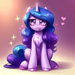 Size: 3072x3072 | Tagged: safe, derpibooru import, machine learning assisted, izzy moonbow, pony, unicorn, g5, :p, ai content, chest fluff, cute, female, fluffy, generator:easyfluff v11.2, heart, high res, hooves, image, izzybetes, looking at you, mare, png, prompter:shad0w-galaxy, simple background, sitting, solo, sparkles, tongue out, unshorn fetlocks