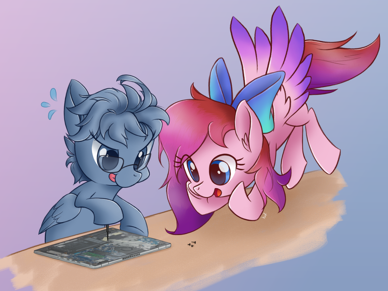 Size: 3513x2635 | Tagged: safe, artist:kaf_pone, derpibooru import, oc, unofficial characters only, pegasus, pony, bow, computer, gradient background, hair bow, image, laptop computer, pegasus oc, png, wings