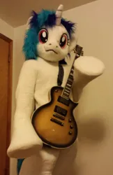 Size: 1440x2220 | Tagged: dead source, safe, artist:atalonthedeer, derpibooru import, vinyl scratch, anthro, human, pony, unicorn, 2015, electric guitar, fursuit, g4, guitar, image, irl, irl human, looking at you, looking down, looking down at you, musical instrument, photo, png, ponysuit, raised hoof, solo, strap, underhoof