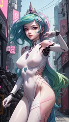 Size: 1080x1920 | Tagged: suggestive, derpibooru import, machine learning generated, stable diffusion, princess celestia, android, human, robot, ai content, amputee, billboard, bust, chinese dress, city, clothes, covered nipples, crown, cyberpunk, dress, ear piercing, earring, flower, flower in hair, future, generator:animeshprunedv21, generator:celestia, humanized, image, jewelry, jpeg, long hair, looking at you, multicolored hair, outdoors, piercing, portrait, prompt in description, prompter:marusame, prosthetic limb, prosthetics, purple eyes, realistic, regalia, standing, tiara, wavy hair