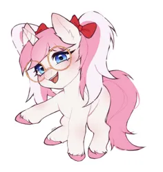 Size: 1704x1806 | Tagged: safe, artist:ruru_01, derpibooru import, oc, unofficial characters only, pony, unicorn, bow, female, filly, foal, glasses, hair bow, hoof fluff, image, looking at you, png, ponytails, raised hoof, simple background, smiling, smiling at you, solo, white background