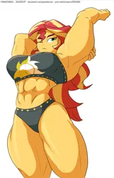 Size: 1425x2210 | Tagged: suggestive, artist:pandatarius, derpibooru import, sunset shimmer, human, equestria girls, abs, arm behind head, armpits, arms in the air, biceps, big breasts, bikini, bikini bottom, bikini top, breasts, busty sunset shimmer, clothes, eyelashes, female, fetish, hips, image, looking at you, muscle fetish, muscles, muscular female, one eye closed, one eye open, png, pose, solo, stretching, sunset lifter, swimsuit, thighs, thunder thighs, two toned hair