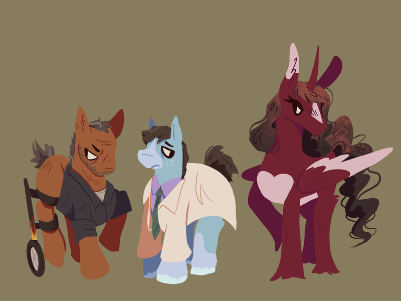 Size: 2048x1536 | Tagged: safe, artist:nicomoru, derpibooru import, alicorn, earth pony, pony, gregory house, house m.d., image, james wilson, lisa cuddy, png, tro, wheelchair