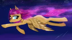 Size: 1280x711 | Tagged: safe, artist:hysteriana, derpibooru import, oc, oc:mary swift, pegasus, pony, flying, full body, heterochromia, image, magic, magic aura, night, night sky, pegasus oc, phone drawing, pink mane, png, shiny, sky, solo, stars, the cosmos, wings, wings down