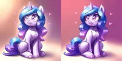 Size: 1536x768 | Tagged: safe, derpibooru import, machine learning assisted, izzy moonbow, pony, unicorn, g5, :p, ai content, before and after, chest fluff, comparison, cute, ear fluff, female, heart, heart eyes, hooves, image, izzybetes, mare, png, prompter:shad0w-galaxy, simple background, sitting, solo, tongue out, unshorn fetlocks, wingding eyes