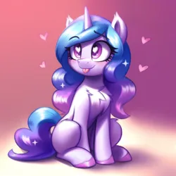 Size: 3072x3072 | Tagged: safe, artist:shad0w-galaxy, derpibooru import, machine learning assisted, izzy moonbow, pony, unicorn, g5, :p, ai content, chest fluff, cute, ear fluff, female, heart, heart eyes, high res, hooves, image, izzybetes, mare, png, prompter:shad0w-galaxy, simple background, sitting, solo, tongue out, unshorn fetlocks, wingding eyes