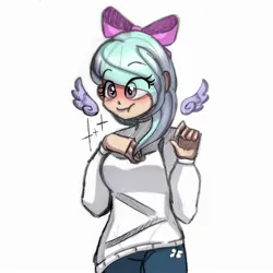 Size: 2000x2000 | Tagged: safe, artist:shori06, derpibooru import, flitter, human, blushing, bow, clothes, cute, denim, female, flitterbetes, hair bow, humanized, image, jeans, jpeg, pants, simple background, solo, sweater, white background, winged humanization, wings