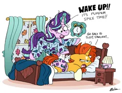 Size: 3012x2284 | Tagged: safe, artist:bobthedalek, derpibooru import, starlight glimmer, sunburst, pony, unicorn, autumn, bed, clothes, cutie mark, cutie mark on clothes, cutie mark underwear, female, glim glam's jim jams, image, leaves, male, morning ponies, pajamas, png, shipping, starburst, straight, tired, unamused, underwear