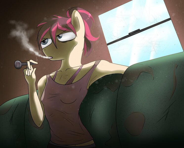 Size: 3100x2500 | Tagged: suggestive, derpibooru import, oc, oc:crystal glint, unofficial characters only, anthro, earth pony, anthro oc, bags under eyes, bloodshot eyes, dirty, drug use, drugs, drugs are bad mmmkay?, grumpy, image, indoors, jpeg, meth, original character do not steal, pipe, sitting, smoking, tired