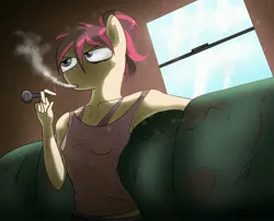 Size: 3100x2500 | Tagged: suggestive, derpibooru import, oc, oc:crystal glint, unofficial characters only, anthro, earth pony, anthro oc, bags under eyes, bloodshot eyes, dirty, drug use, drugs, drugs are bad mmmkay?, grumpy, image, indoors, jpeg, meth, original character do not steal, pipe, sitting, smoking, tired