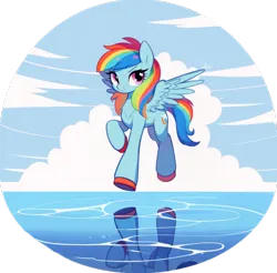 Size: 1096x1080 | Tagged: safe, derpibooru import, machine learning assisted, rainbow dash, pegasus, pony, ai content, alternate design, cloud, colored hooves, female, flying, generator:nijijourney, image, mare, outdoors, png, prompter:catachromatic, reflection, reflection in water, solo, unshorn fetlocks, vignette, water