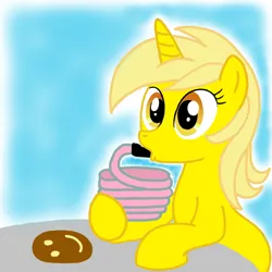 Size: 1000x1000 | Tagged: safe, artist:madmax, artist:princessdaisyoficial, derpibooru import, edit, ponified, pony, unicorn, blue background, cyan background, drink, drinking, female, food, g4, hoof hold, image, laa-laa, mare, png, rule 85, simple background, sitting, solo, table, teletubbies, tubby custard, tubby toast