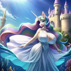 Size: 512x512 | Tagged: safe, derpibooru import, machine learning generated, princess celestia, alicorn, anthro, fish, ai content, big breasts, breasts, bubble, busty princess celestia, canterlot, castle, clothes, coral, crepuscular rays, crown, dress, eyeshadow, female, flower, flowing hair, flowing mane, flowing tail, g4, gem, horn, huge breasts, image, jewelry, lidded eyes, looking at you, makeup, necklace, ocean, outdoors, png, prompter:fragglezed, regalia, scenery, seaweed, signature, sky, smiling, smiling at you, solo, sun, sunlight, swimming, tail, underwater, water, white dress