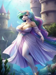 Size: 768x1024 | Tagged: safe, derpibooru import, machine learning generated, princess celestia, alicorn, anthro, fish, ai content, big breasts, breasts, bubble, busty princess celestia, canterlot, castle, clothes, coral, crepuscular rays, crown, dress, eyeshadow, female, flower, flowing hair, flowing mane, flowing tail, g4, gem, horn, huge breasts, image, jewelry, lidded eyes, looking at you, makeup, necklace, ocean, outdoors, png, prompter:fragglezed, regalia, scenery, seaweed, signature, smiling, smiling at you, solo, sparkles, stars, sun, sunlight, swimming, tail, underwater, water