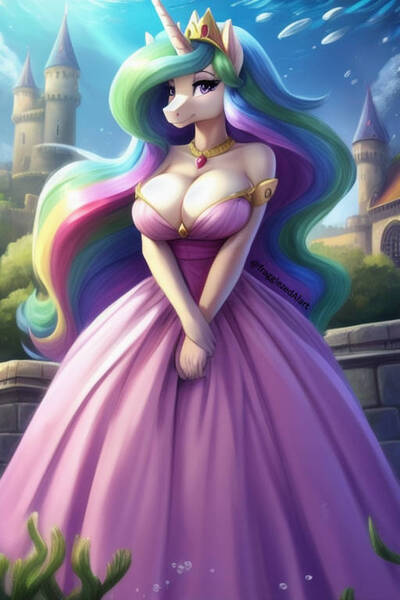 Size: 512x768 | Tagged: safe, derpibooru import, machine learning generated, princess celestia, alicorn, anthro, fish, ai content, big breasts, breasts, bubble, busty princess celestia, canterlot, castle, clothes, crepuscular rays, crown, dress, eyeshadow, female, flower, flowing hair, flowing mane, flowing tail, g4, gem, horn, huge breasts, image, jewelry, jpeg, lidded eyes, looking at you, makeup, necklace, ocean, outdoors, pink dress, prompter:fragglezed, regalia, scenery, seaweed, signature, smiling, smiling at you, solo, sun, sunlight, swimming, tail, underwater, water