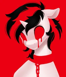 Size: 911x1067 | Tagged: semi-grimdark, artist:melodylibris, derpibooru import, oc, oc:blackjack, unofficial characters only, pony, unicorn, fallout equestria, fallout equestria: project horizons, blank eyes, blood, bust, chains, collar, crying, fanfic art, floppy ears, image, jpeg, limited palette, red background, simple background, solo, tears of blood