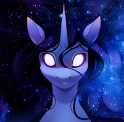 Size: 1100x1077 | Tagged: safe, artist:melodylibris, derpibooru import, oc, unofficial characters only, pony, unicorn, abstract background, black sclera, blushing, bust, ear blush, ethereal mane, female, glow, glowing eyes, image, jpeg, looking at you, mare, solo, space, starry mane