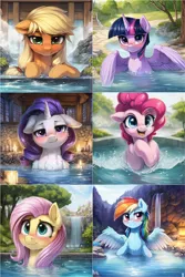 Size: 1280x1920 | Tagged: safe, derpibooru import, applejack, fluttershy, pinkie pie, rainbow dash, rarity, twilight sparkle, pony, blushing, female, females only, image, looking at you, mare, png, swimming, waifu, water