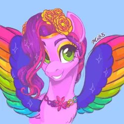 Size: 2000x2000 | Tagged: safe, artist:thejustbee, derpibooru import, pipp petals, pegasus, pony, g5, blue background, colored wings, eyeshadow, female, grin, hair over one eye, image, jewelry, makeup, mare, multicolored wings, necklace, png, rainbow wings, signature, simple background, smiling, solo, spread wings, wings