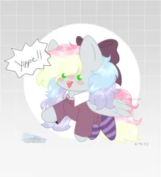 Size: 773x853 | Tagged: safe, artist:fluffyfox156, derpibooru import, oc, oc:blazey sketch, unofficial characters only, pegasus, bow, chibi, clothes, gray fur, hair bow, image, jpeg, multicolored hair, pegasus oc, simple background, smol, socks, solo, striped socks, sweater, wings