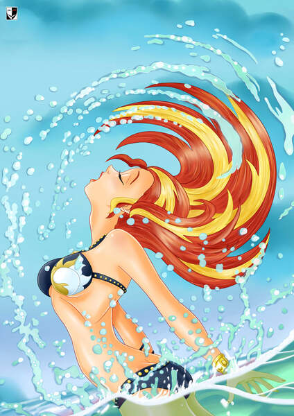 Size: 1000x1414 | Tagged: suggestive, artist:lord--opal, derpibooru import, sunset shimmer, human, equestria girls, bikini, breasts, busty sunset shimmer, clothes, eyes closed, female, hair flip, humanized, image, jpeg, ocean, open mouth, partially submerged, signature, sky, solo, solo female, stupid sexy sunset shimmer, swimsuit, water, wet