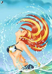 Size: 1000x1414 | Tagged: suggestive, artist:lord--opal, derpibooru import, sunset shimmer, human, equestria girls, bikini, breasts, busty sunset shimmer, clothes, eyes closed, female, hair flip, humanized, image, jpeg, ocean, open mouth, partially submerged, signature, sky, solo, solo female, stupid sexy sunset shimmer, swimsuit, water, wet