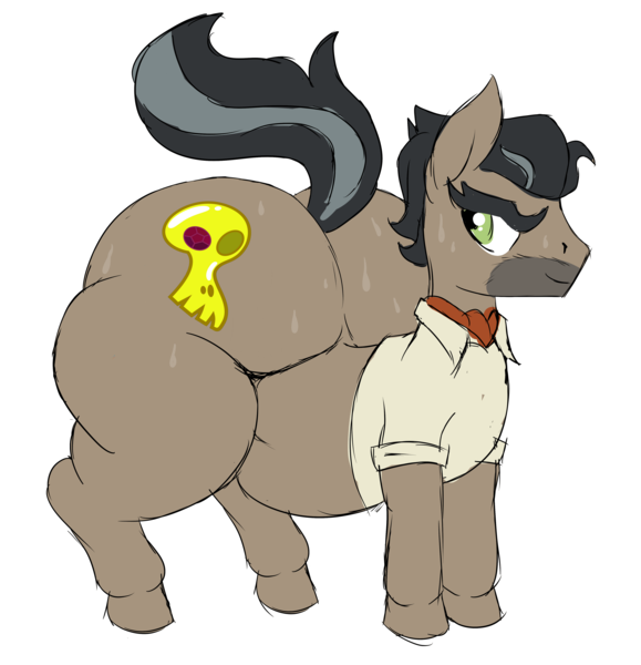 Size: 4316x4472 | Tagged: questionable, anonymous artist, derpibooru import, edit, edited edit, doctor caballeron, earth pony, pony, bottom heavy, bottomless, butt, clothes, derpibooru exclusive, disproportional anatomy, hooves, huge butt, image, impossibly large butt, large butt, looking back, male, partial nudity, png, shirt, simple background, smiling, solo, solo male, stallion, sweat, sweaty butt, white background