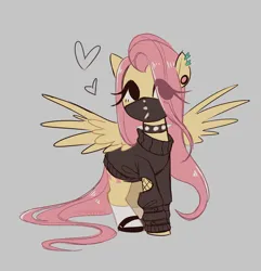 Size: 1946x2017 | Tagged: safe, artist:syrupyyy, derpibooru import, fluttershy, pegasus, pony, bandana, blushing, choker, clothes, cute, ear piercing, earring, edgy, female, fishnet clothing, flats, gray background, heart, image, jewelry, mare, piercing, png, shoes, shyabetes, simple background, socks, solo, spiked choker, stockings, sweater, sweatershy, thigh highs