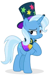 Size: 1920x2867 | Tagged: safe, artist:grapefruit-face, derpibooru import, trixie, pony, unicorn, g5, accessory swap, accessory theft, base used, clothes swap, collar, derpibooru exclusive, eyeliner, hat, hoof on chest, image, lidded eyes, looking sideways, looking to the left, makeup, png, rufus, sideways glance, simple background, smiling, solo, transparent background