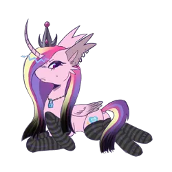 Size: 1109x1109 | Tagged: safe, artist:7redteeths, derpibooru import, princess cadance, alicorn, pony, cheek piercing, clothes, crown, curved horn, ear piercing, earring, eyeshadow, female, folded wings, g4, horn, image, jewelry, lidded eyes, lip piercing, lock, makeup, mare, necklace, piercing, png, regalia, simple background, snake bites, socks, solo, striped socks, tail, transparent background, wings