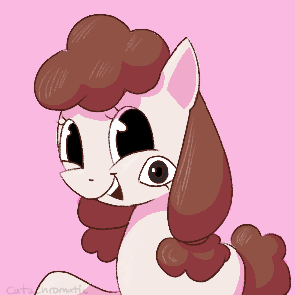 Size: 600x600 | Tagged: safe, artist:catachromatic, derpibooru import, oc, oc:creepy peepers, unofficial characters only, earth pony, pony, adoracreepy, cel shading, colored, creepy, cute, female, image, looking at you, mare, multiple eyes, ocbetes, open mouth, open smile, overlay layer, pink background, png, shading, signature, simple background, smiling, smiling at you, solo