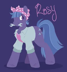 Size: 1139x1211 | Tagged: safe, artist:glowfangs, derpibooru import, rosy riveter, earth pony, pony, bandana, clothes, image, mccolt family, png, purple background, shirt, simple background, solo, wrench