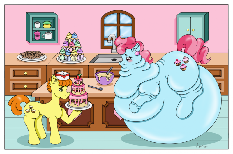 Size: 2362x1560 | Tagged: questionable, artist:aquaeagle, derpibooru import, carrot cake, cup cake, earth pony, pony, batter, belly, belly bed, big belly, blushing, bowl, cake, carrot cup, cookie, cupboard, cupcake, double chin, duo, duo male and female, ear piercing, earring, fat, fat fetish, feedee, feeder, female, fetish, food, g4, huge belly, image, immobile, impossibly large belly, impossibly obese, indoors, jewelry, kitchen, male, mare, morbidly obese, obese, piercing, platter, png, shipping, spoon, stallion, straight, strawberry, stuffed, sugarcube corner, tail, thick cup cake, window