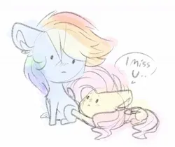 Size: 1304x1097 | Tagged: safe, artist:littleblackraencloud, derpibooru import, fluttershy, rainbow dash, pegasus, pony, blushing, chibi, cute, dashabetes, dialogue, female, flutterdash, image, jpeg, lesbian, mare, shipping, shyabetes, simple background, sketch, white background