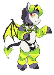 Size: 1042x1440 | Tagged: suggestive, artist:yourfriendren, derpibooru import, oc, oc:vatbat, anthro, bat pony, unguligrade anthro, arm warmers, bat pony oc, bat wings, clothes, collar, crotch bulge, fangs, image, leg warmers, lidded eyes, looking back, male, panties, png, sharp teeth, simple background, solo, solo male, spread wings, tail, teeth, underwear, unshorn fetlocks, white background, wings