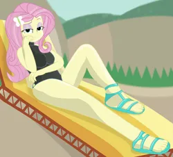 Size: 2553x2305 | Tagged: safe, alternate version, artist:grapefruitface1, derpibooru import, edit, fluttershy, equestria girls, equestria girls series, beach, beach chair, bored, breasts, busty fluttershy, chair, clothes, image, looking at you, png, relaxing, sandals, show accurate, sitting, solo, stupid sexy fluttershy, swimsuit, swimsuit edit