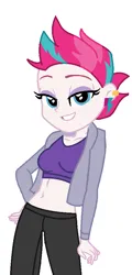 Size: 446x932 | Tagged: safe, artist:robertsonskywa1, derpibooru import, zipp storm, equestria girls, g5, belly button, belly fetish, clothes, equestria girls-ified, female, g5 to equestria girls, generation leap, hand on hip, image, leggings, photo, png, simple background, smiling, solo, sports bra, sports outfit, stupid sexy zipp storm, white background